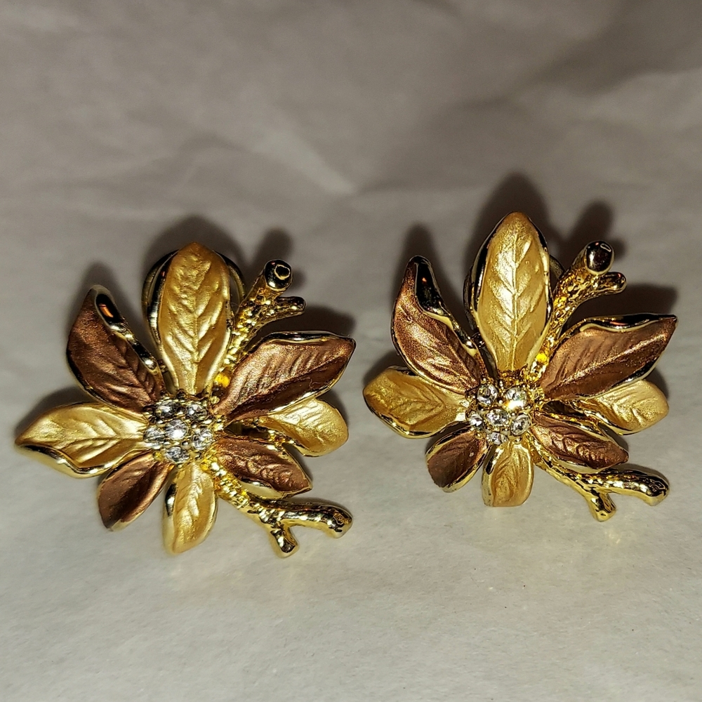 Enamel & Crystals Flower Goldtone Clip On Earrings + Gift Bag